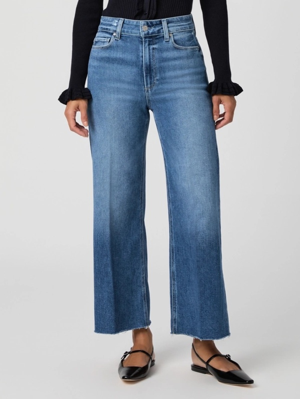PAIGE Anessa Wide Leg Jeans Size 27 High Rise Medium Blue Raw Hem 27”